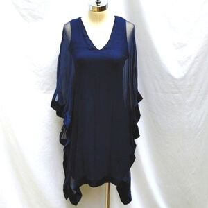 Beautiful navy dress, V-neck sleeveless w/ sheer overlay w/ satin trim, M/L